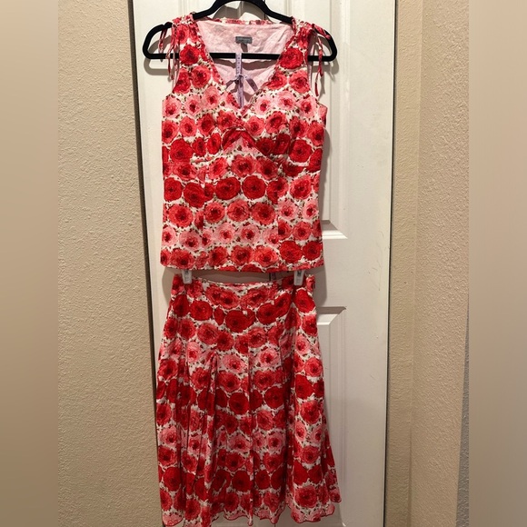 Ann Taylor Y2K Skirt Top Set Cotton Poppies Red Pleated Prairie Cottagecore,4 - Picture 1 of 12